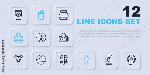 Set line Soda can, Round the clock delivery, Coffee cup to go, Ice cream in waffle, Donut, Paper glass with water and Lunch box icon. Vector