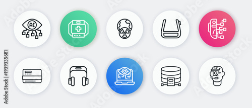 Set line Computer vision, Humanoid robot, Credit card, Cloud database, Smart glasses spectacles, Planet earth and radiation, and Headphones icon. Vector