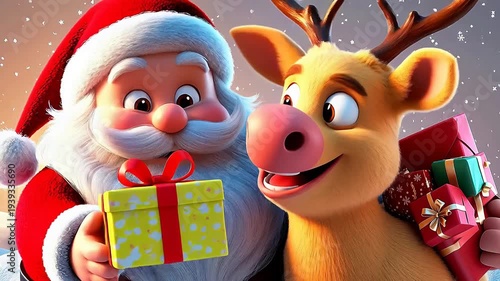 Playful 3D Santa and Reindeer Sharing a Joyful Christmas Moment