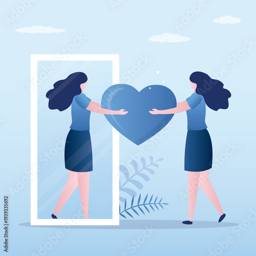 Happy woman looks at her reflection in mirror, expressing self love and care. Love yourself. Love your body. Positive thinking. Body positive concept.