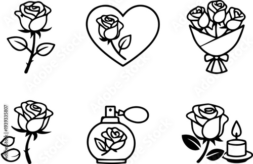 Rose flower romantic love icons. Vector