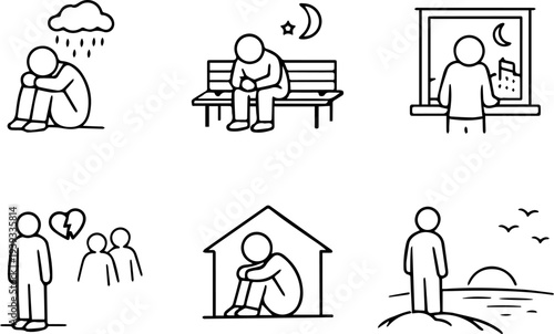 Depression loneliness mental health icons. Vector
