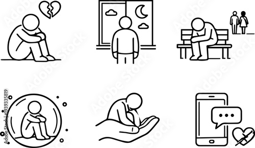 Depression loneliness mental health icons