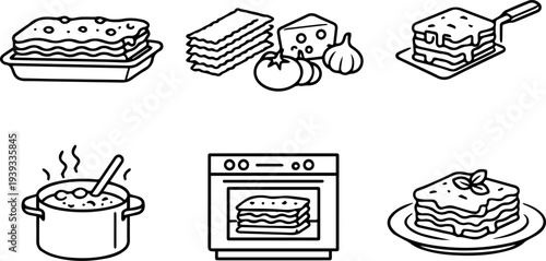 Lasagna italian food cooking icons. Vector