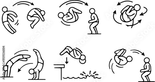 Flip acrobatics movement somersault line icons
