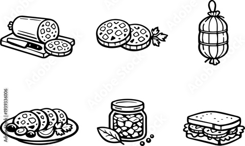 Sausage meat food production line icons. Vector