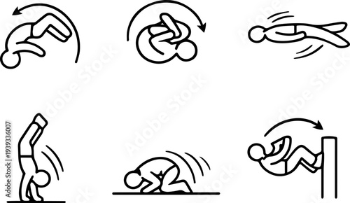 Flip acrobatics movement somersault line icons. Vector