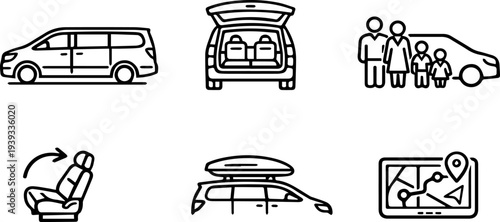 Family car minivan transport line icons. Vector