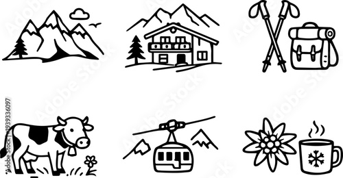Alpine mountain tourism travel line icons set