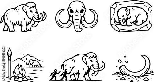 Mammoth prehistoric ice age line icons. Vector