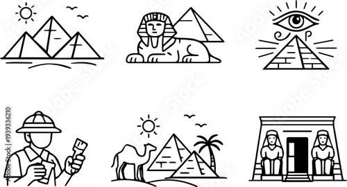 Egypt archaeology desert culture line icons