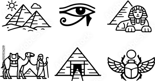 Ancient Egypt symbols pyramids history line icons