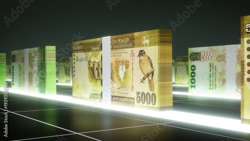Sri Lankan rupee Banknote Bundles with Neon Glow on Dark Background, Slow Camera Movement, Realistic 3D Currency Animation in 4K, Business and Inflation Concept