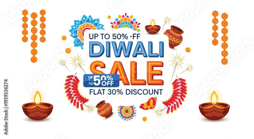 Diwali sale banner template vector with lamps and fireworks