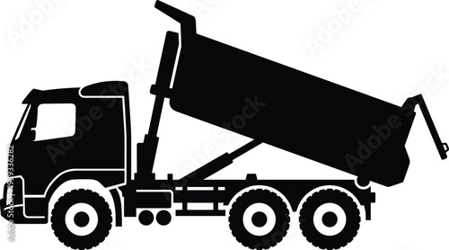 Minimal vector silhouette, dump truck with raised cargo bed, construction vehicle icon, solid black, isolated on white background.