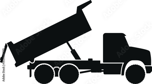Minimal vector silhouette, dump truck with raised cargo bed, construction vehicle icon, solid black, isolated on white background.