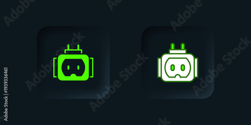 Green Tee plug electric with clipping path icon isolated on black background. Black square button. Vector