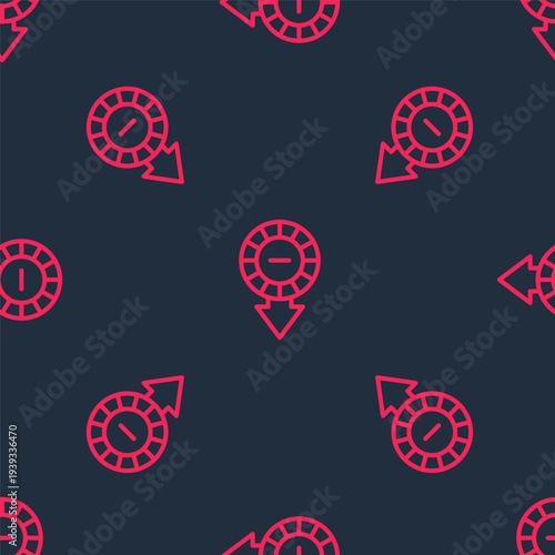 Red line Casino chips icon isolated seamless pattern on black background. Casino gambling. Vector