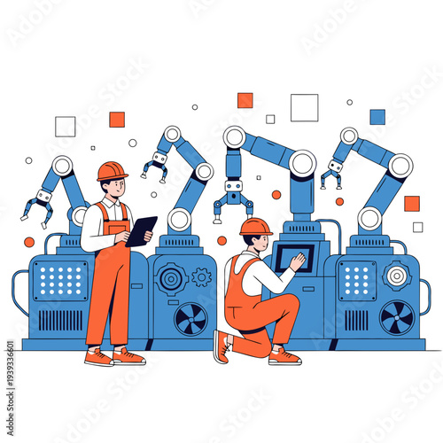 Modern Industrial Automation and Robotics in Manufacturing Plants with Workers Overseeing Machinery