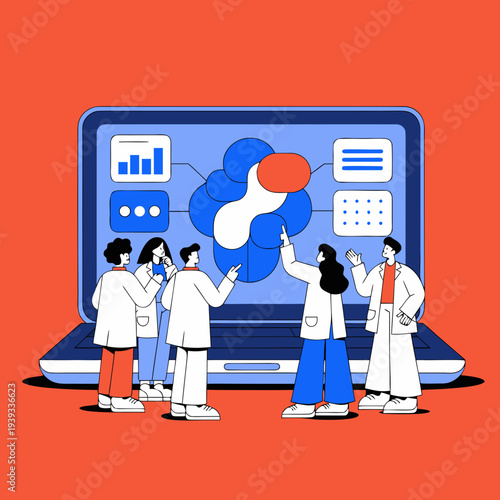 data science team analyzing artificial intelligence model on laptop dashboard, machine learning research collaboration illustration