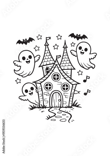 Cute Haunted House with Three Kawaii Ghosts and Bats – Halloween Coloring Page Line Art for Kids
