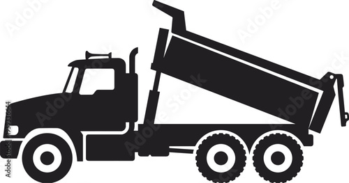 Minimal vector silhouette, dump truck with raised cargo bed, construction vehicle icon, solid black, isolated on white background.