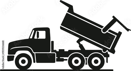 Minimal vector silhouette, dump truck with raised cargo bed, construction vehicle icon, solid black, isolated on white background.
