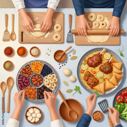 Eid food preparation with hands making pastries and serving dishes  