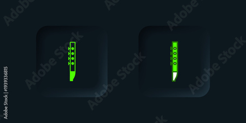 Green Flute icon isolated on black background. Musical instrument. Black square button. Vector