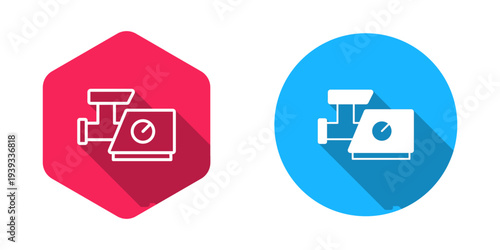 Filled and outline Kitchen meat grinder icon isolated with long shadow background. Vector