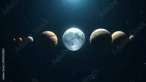 unknown. A wide-angle view of the solar system's planets in alignment, featuring a mysterious translucent sphere. STEM education sheets.