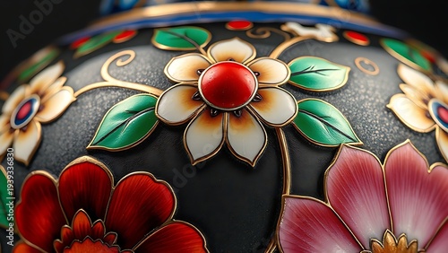 cloisonne. Extreme close-up of a cloisonne vase with vibrant floral patterns. event programs, museum guides, designed for cultural heritage projects and event programs, elevates cultural identity.