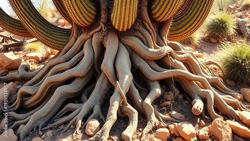 sunbleached. Massive, exposed root system of a cactus sprawling over sun-bleached desert rocks. gardening catalogs, home-decor guides, designed for home decor and floral branding.