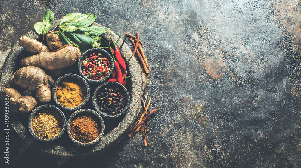 Obraz premium Asian cuisine ingredients beautifully arranged on a rustic stone surface with fresh herbs and spices. 