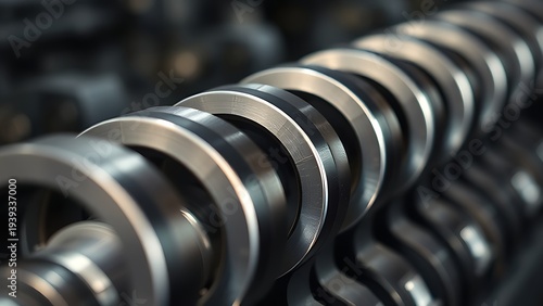 camshafts. Close-up of precision-engineered engine camshafts on a dark background. safety posters, maintenance manuals, designed for industrial assembly lines and welding operations.