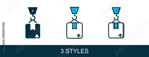 Filled outline Crane with carton cardboard box icon isolated on white background. Crane lifts a container with cargo. Vector