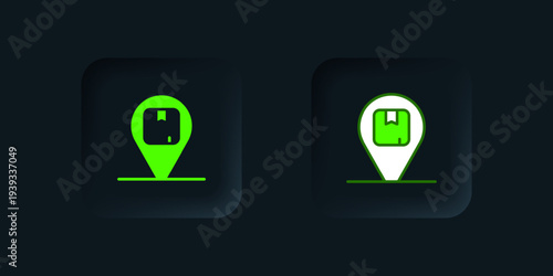 Green Location with cardboard box icon isolated on black background. Delivery services, logistic and transportation, distribution. Black square button. Vector