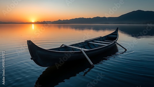 outriggers. Traditional wooden canoe with bamboo outriggers floating on calm lake at sunrise, soft morning light. tourism brochures, itinerary planners, designed for travel destination branding.