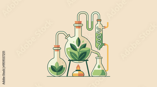 This illustration depicts lab equipment with green plants inside, highlighting the intersection of science and nature, emphasizing ecological awareness and sustainability.