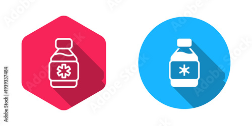 Filled and outline Bottle of medicine syrup icon isolated with long shadow background. Vector