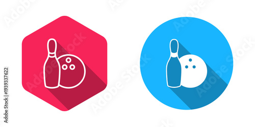 Filled and outline Bowling pin and ball icon isolated with long shadow background. Sport equipment. Vector