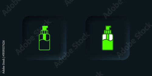 Green Bottle of liquid antibacterial soap with dispenser icon isolated on black background. Disinfection, hygiene, skin care concept. Black square button. Vector