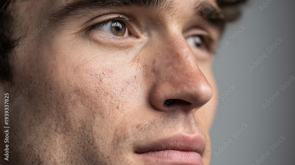 Obraz premium close up portrait of young man with acne skin texture, male face with enlarged pores and skin imperfections, dermatology and skincare concept for acne prone skin