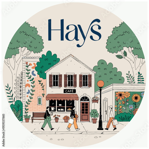 Hays Town Center Cafe and Streetscape Circular Illustration