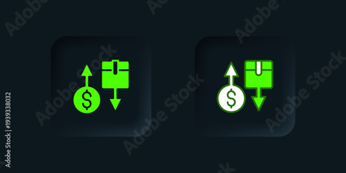Green Tax carton cardboard box icon isolated on black background. Box, package, parcel sign. Delivery and packaging. Black square button. Vector
