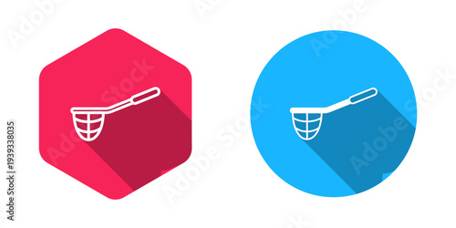 Filled and outline Fishing net icon isolated with long shadow background. Fishing tackle. Vector