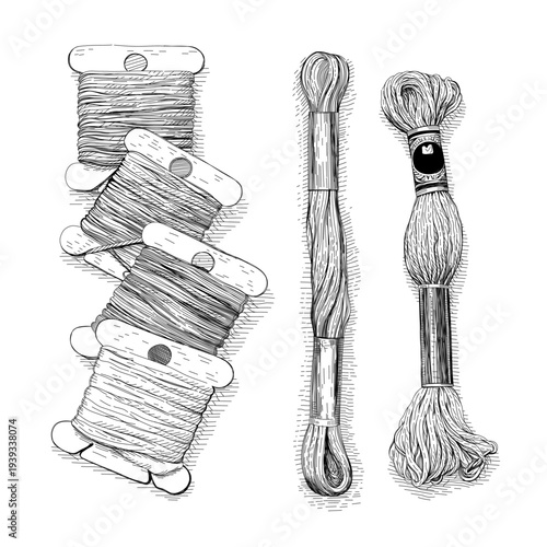 Embroidery Floss Muline Threads bobbins. Hand drawn engraving vector illustration