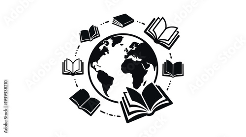 Creative silhouette vector illustration of the Earth with books flying around it representing global reading, education, and the spread of knowledge across the world.