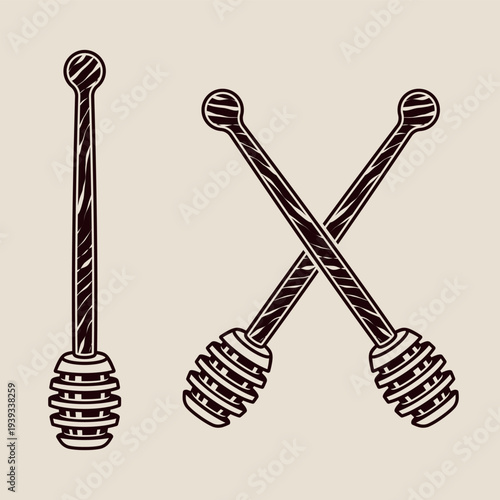 Honey wooden spoons vector illustration with detailed engraving lines. Classic black insect design perfect for beekeeping, honey branding, organic products, agriculture themes