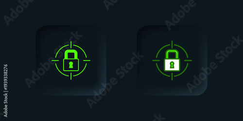 Green Lock icon isolated on black background. Padlock sign. Security, safety, protection, privacy concept. Black square button. Vector